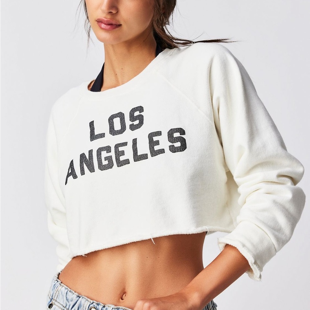 Free People White Cropped 'Los Angeles' Pullover Sweatshirt